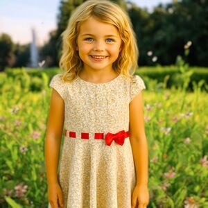 Vtg Style Girl Dress Yellow Floral Puff Sleeve Red Bow Belt 30” Tea Party Picnic